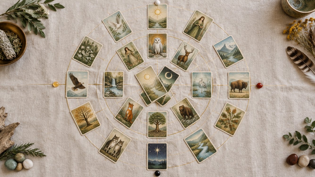 Tarotkarten im Medizinrad gelegt, von oben gesehen, mit goldenen Linien zwischen den Kreisen