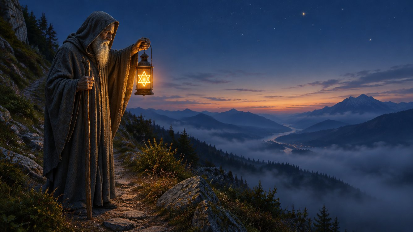 Weiser Mann mit Laterne auf einem Bergpfad in der Dämmerung