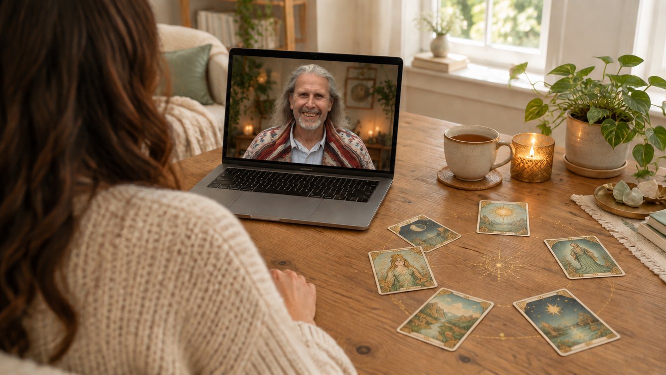 Videositzung mit Helmut Otto Christof am Laptop, daneben Tarotkarten im Kreis, Tee und Kerze.