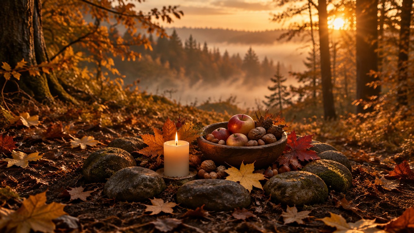 Steinkreis mit Kerze, Herbstlaub und Erntegaben im warmen Abendlicht