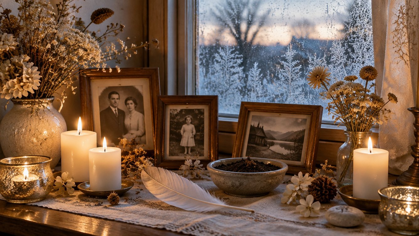 Kleiner Ahnenaltar am Fenster mit alten Familienfotos, Kerzen und einer weißen Feder