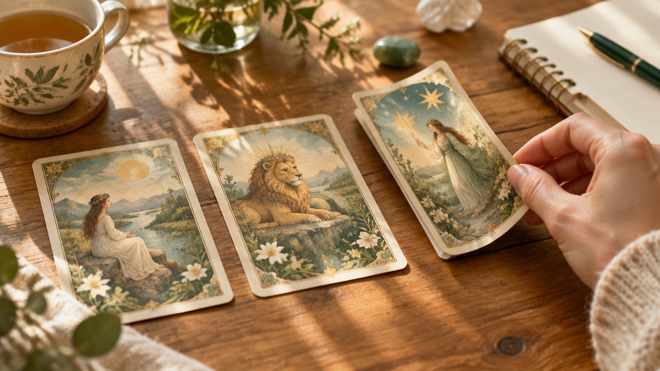 Drei Tarotkarten auf einem Holztisch, eine Hand dreht die dritte Karte um, daneben Tee und Notizbuch